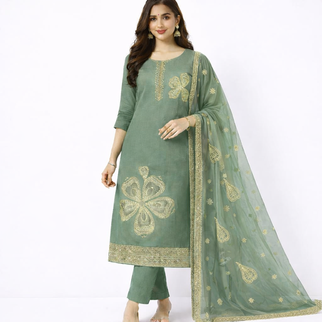 AL-Libas Embroidered Kurta Set for Women with Dupatta – Elegant Linen Fabric, Traditional Print - 1