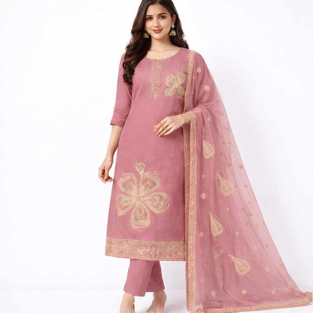 AL-Libas "Pink Embroidered Kurta Set for Women with Dupatta – Elegant Linen Fabric, Traditional Design - 1