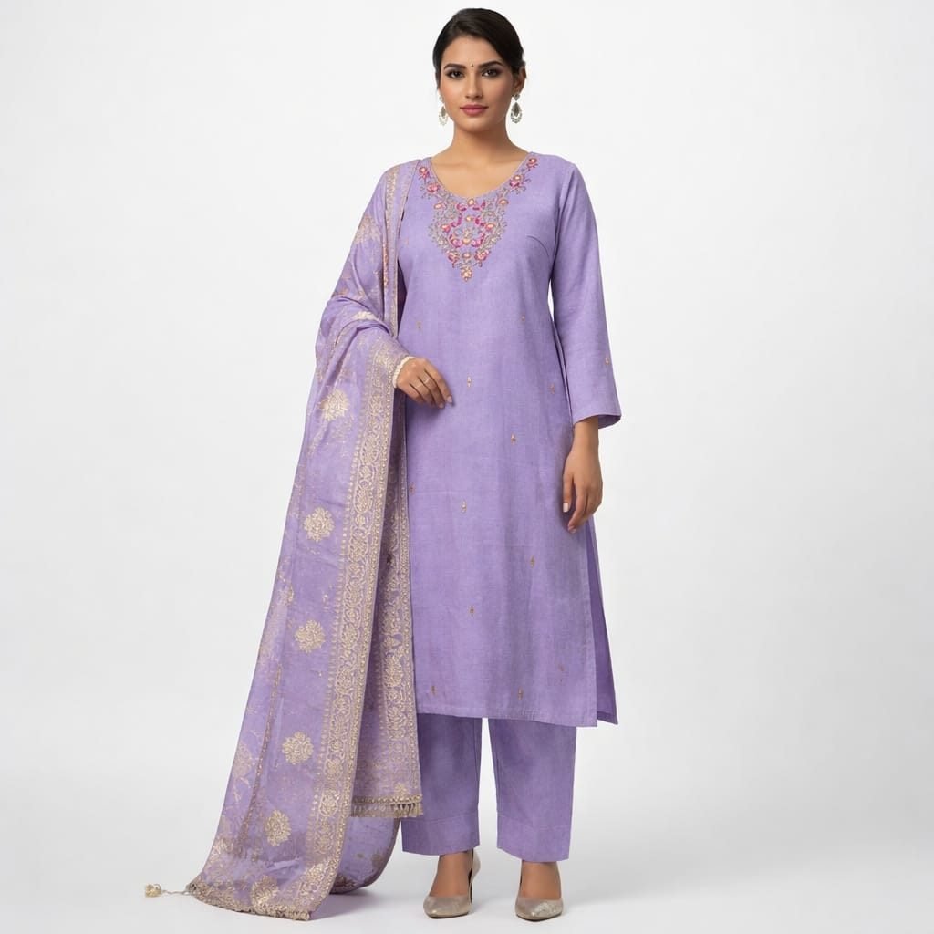 AL-Libas Purple Embroidered Kurta Set for Women with Dupatta | Elegant Linen Fabric, Floral Design