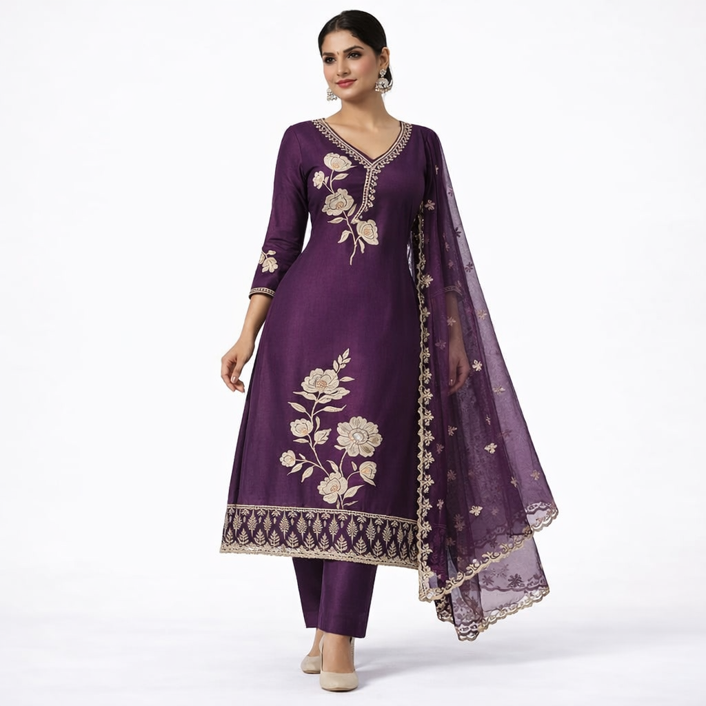 AL-Libas Purple Floral Embroidered Kurta Set for Women with Dupatta | Elegant Linen Fabric, Traditional V-neck Design" - 1