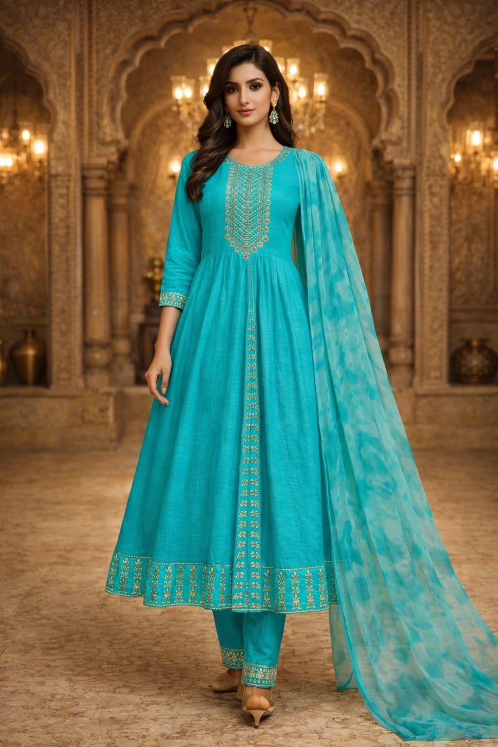 Women Sky Blue Anarkali Kurta Pant Dupatta Set | Embroidered Party Wear 3 Piece Suit - 1