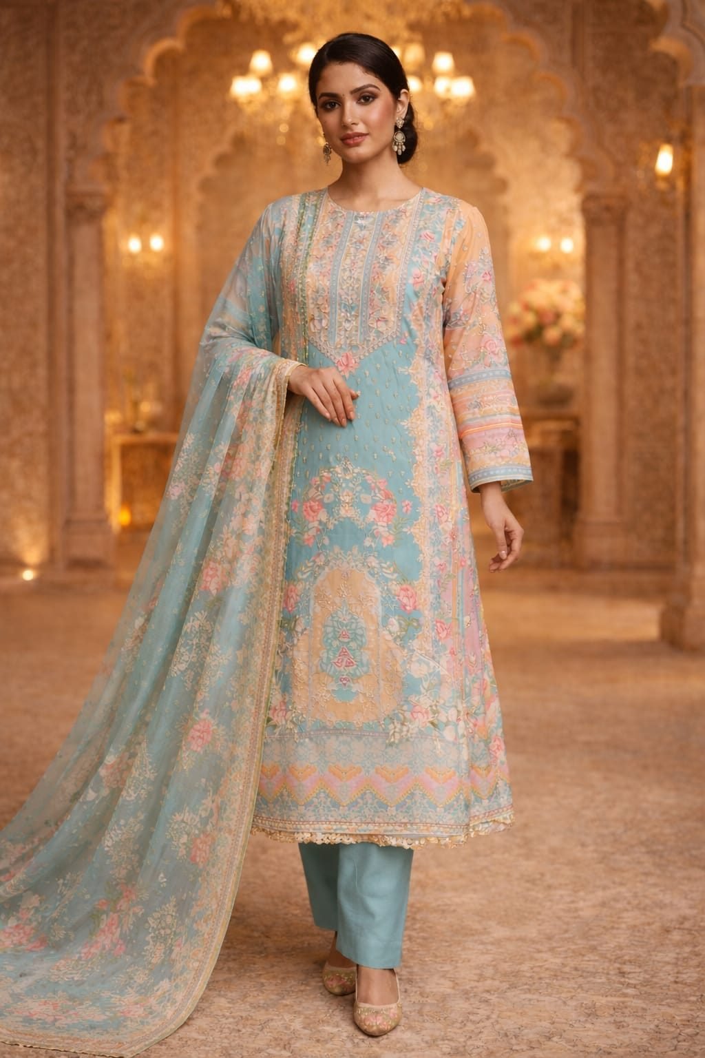 Al-Libas Women Pink Floral Print Cotton Kurta Pant Set with Dupatta Ethnic Regular Fit Kurti Set