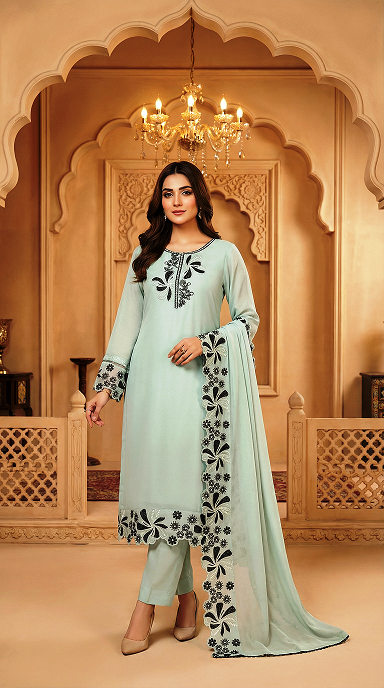 AL-Libas Women Mint Green Embroidered Pakistani Suit Set with Dupatta Ethnic Straight Kurta Pant Set