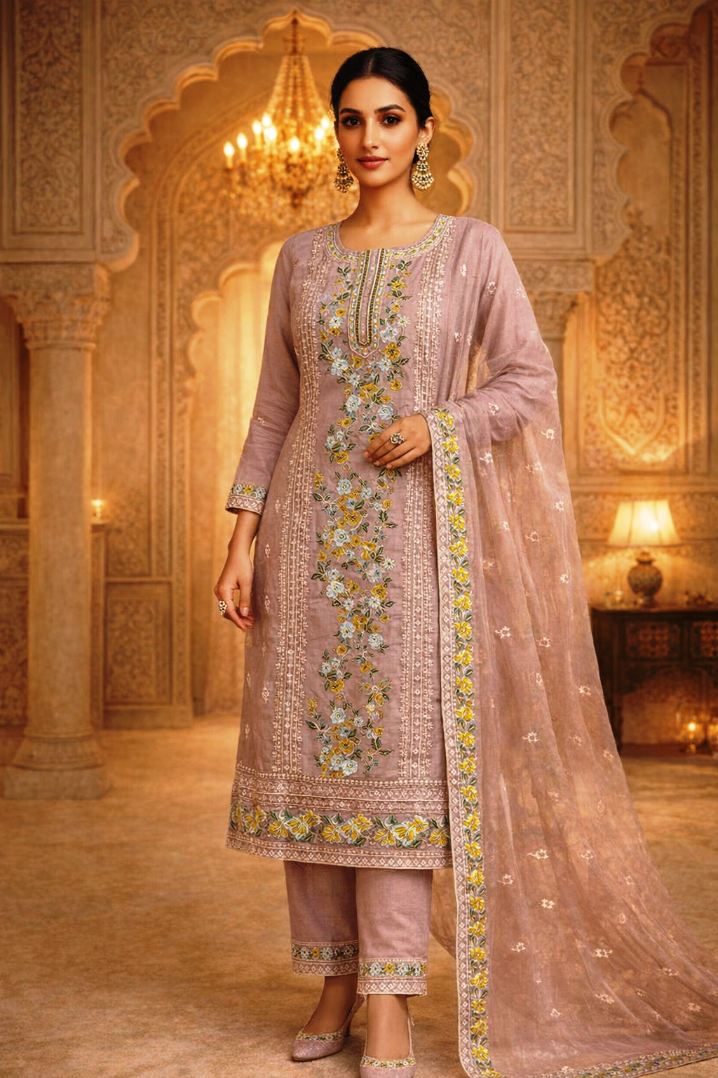 AL-Libas Women Dusty Pink Embroidered Pakistani Suit Set with Dupatta Ethnic Straight Kurta Pant Set