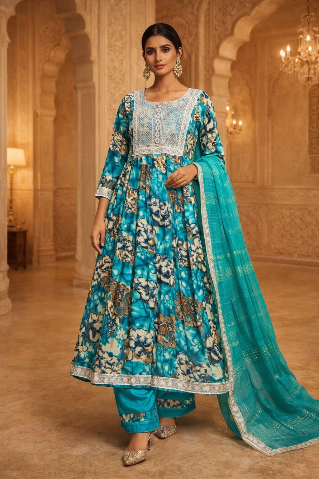 Women Teal Blue Floral Printed Anarkali Kurta Pant Set with Dupatta Ethnic Flared Kurti Set