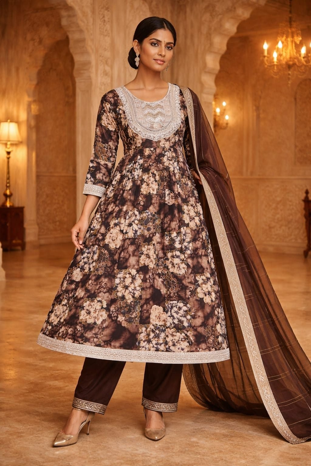 Women Brown Floral Printed Anarkali Kurta Pant Set with Dupatta Ethnic Flared Kurti Set