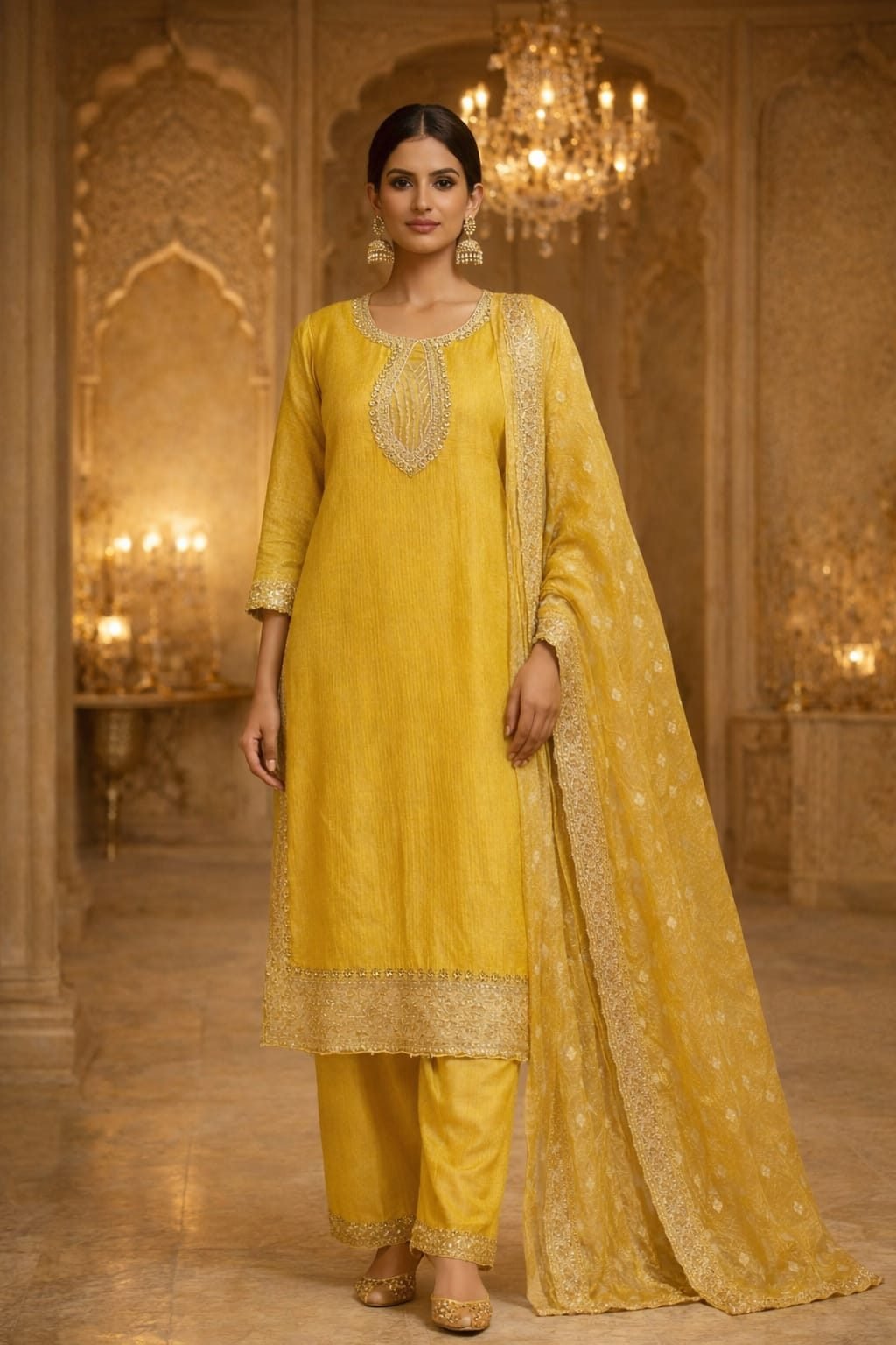 Mustard Yellow Embroidered Suit Set for Women with Dupatta | Party Wear Wedding Salwar Suit | Elegant Ethnic Cotton Blend Kurta Pant Dupatta Set - 1
