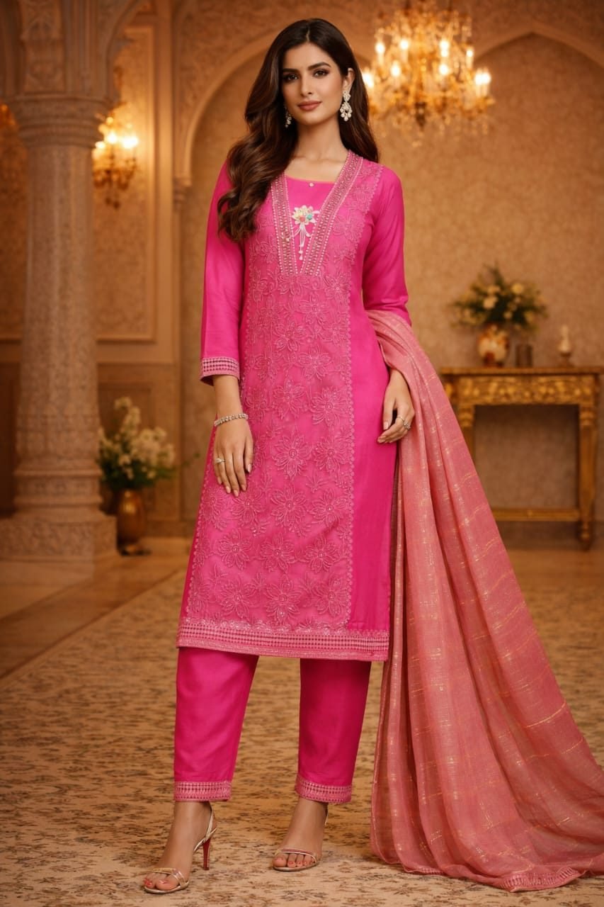 Pakistani Suit for Women | Elegant Embroidered Kurti Pant Set with Dupatta Latest 2026 Pink - 1