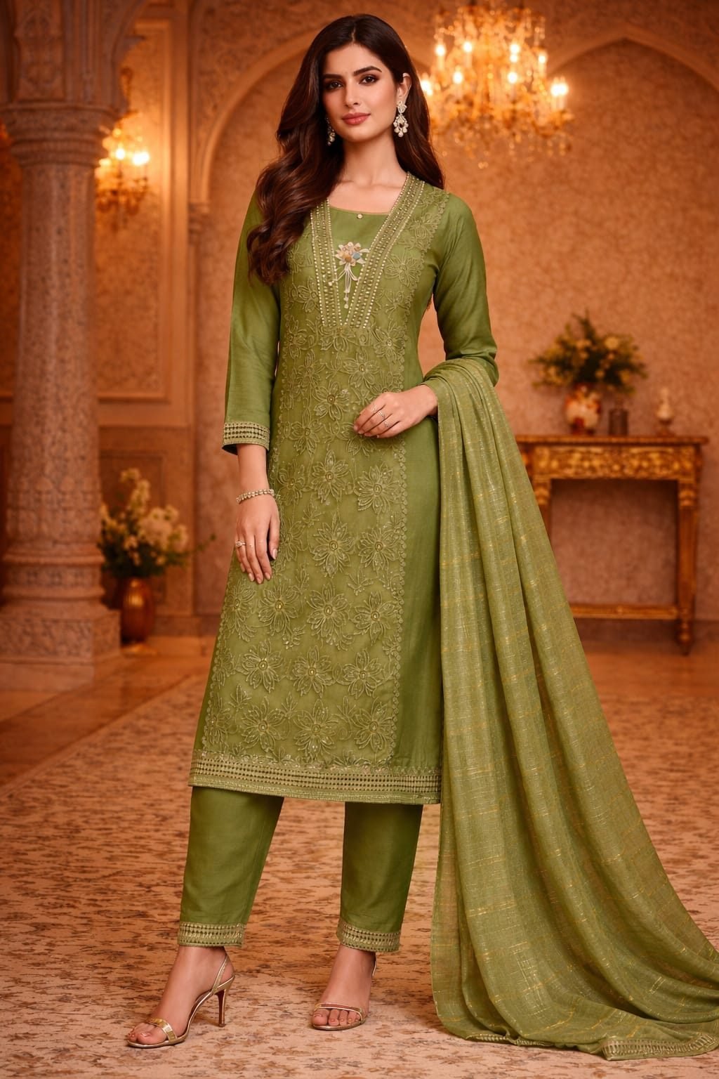 Pakistani Suit for Women | Elegant Embroidered Kurti Pant Set with Dupatta Green Latest 2026