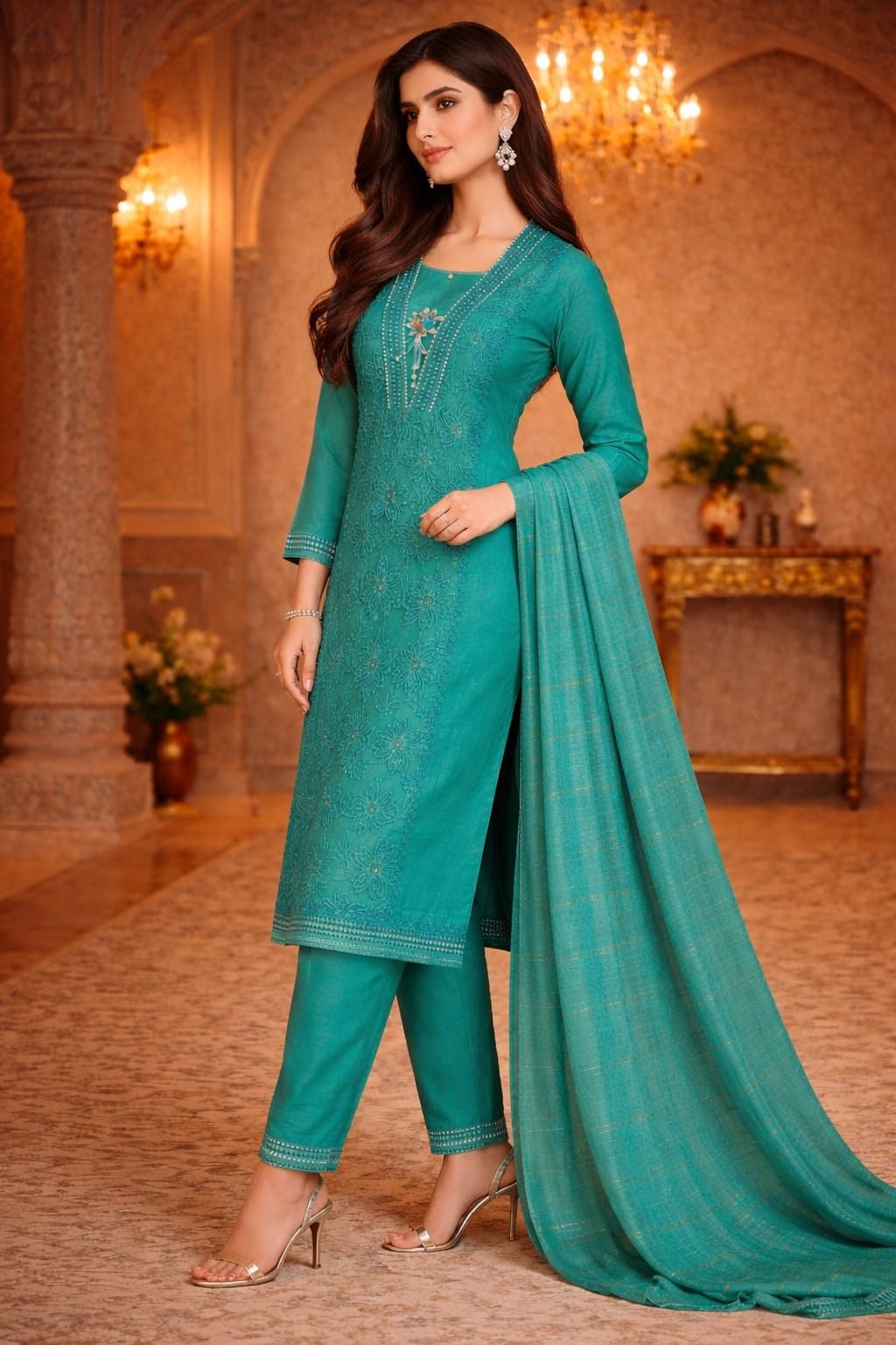 Pakistani Suit for Women | Elegant Embroidered Kurti Pant Set with Dupatta Rama Green Latest 2026 - 1