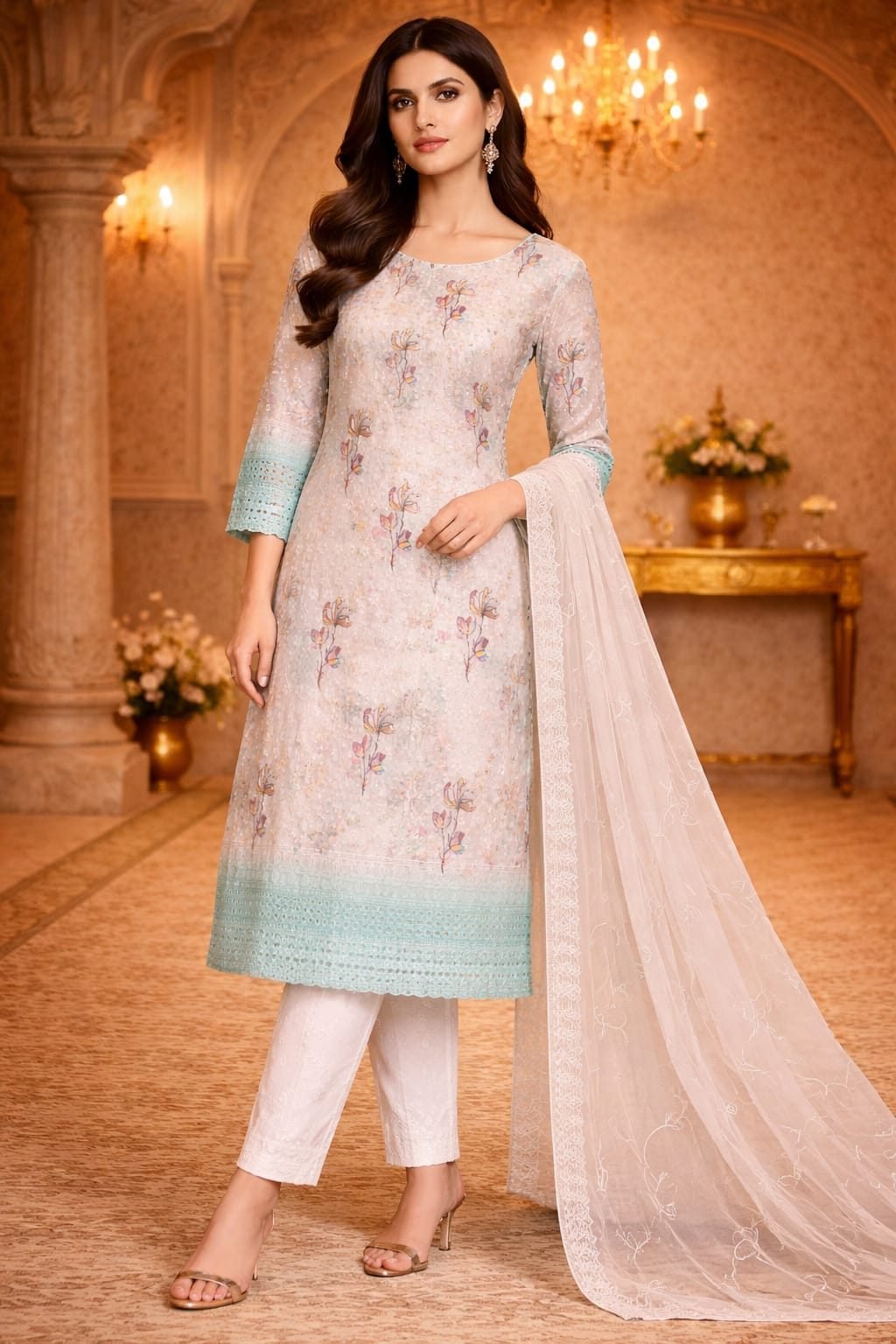 Chikankari Cotton Kurta Set for Women | Elegant Kurti Pant Dupatta Set (Pastel Rama Green & Off-White) - 1