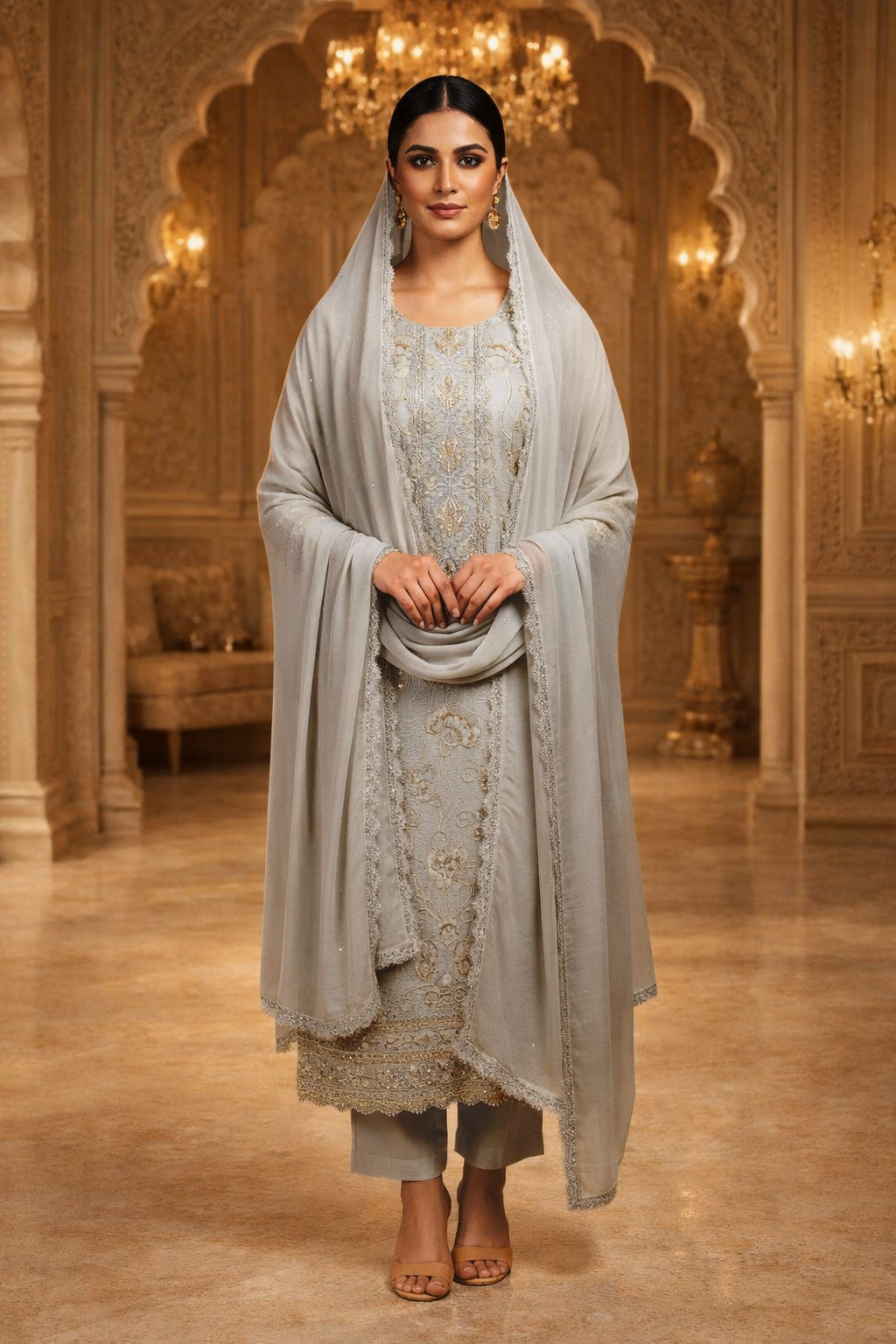 AL-Libas Women Grey Embroidered Kurta Pant Set with Dupatta | Ethnic Straight Fit Zari Work Suit