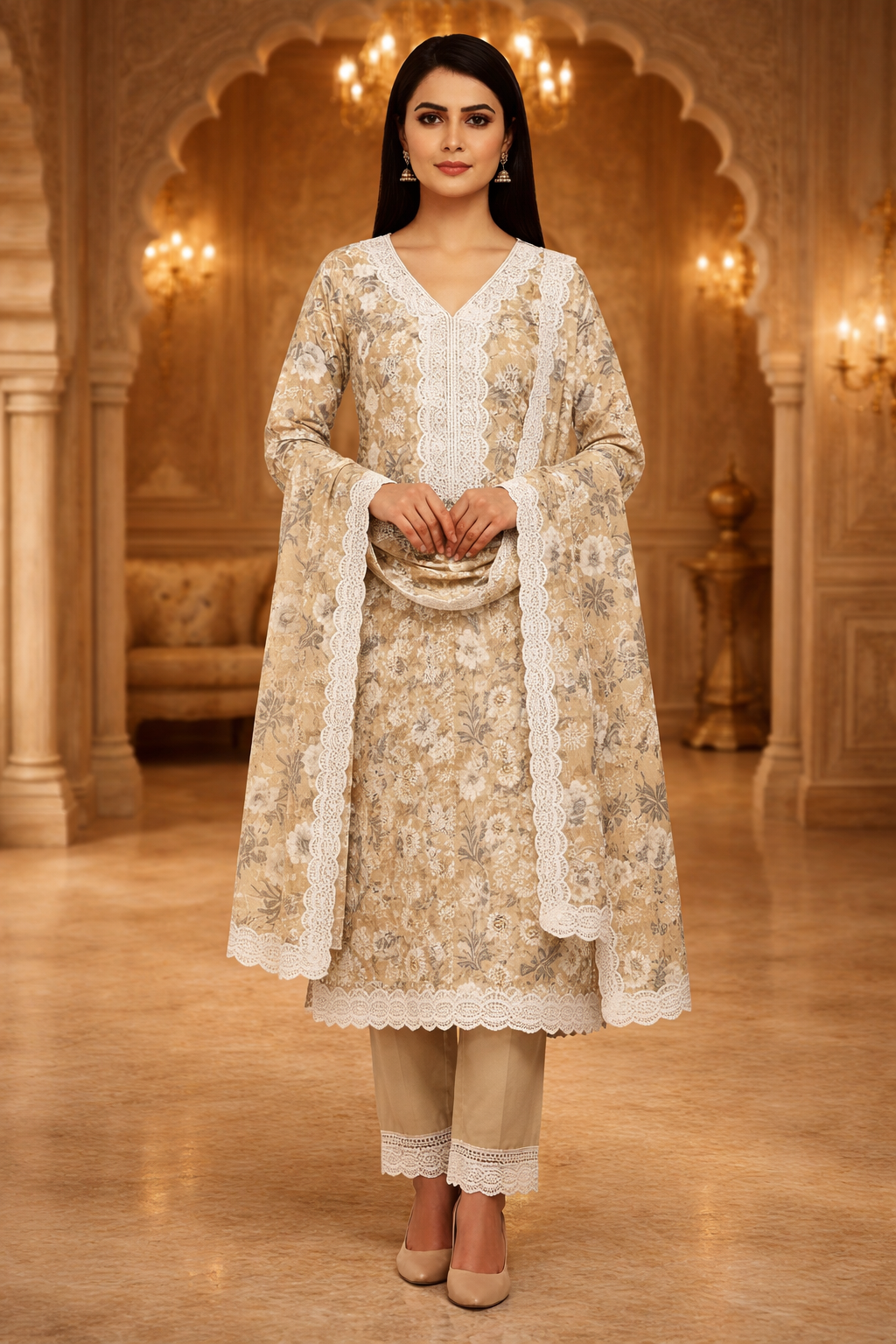 AL-Libas Beige Embroidered Kurta Pant Set with Dupatta | Elegant Ethnic Suit for Women