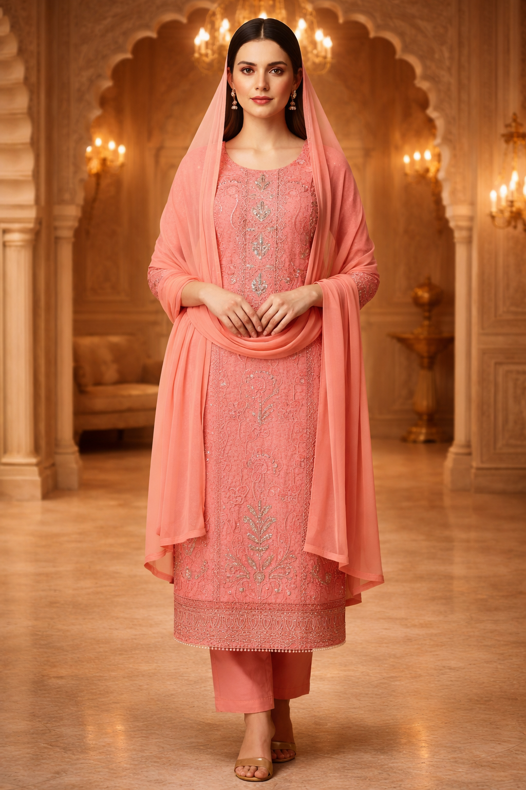 AL-Libas Women Pink Embroidered Kurta Pant Set with Dupatta | Ethnic Straight Fit Zari Work Suit