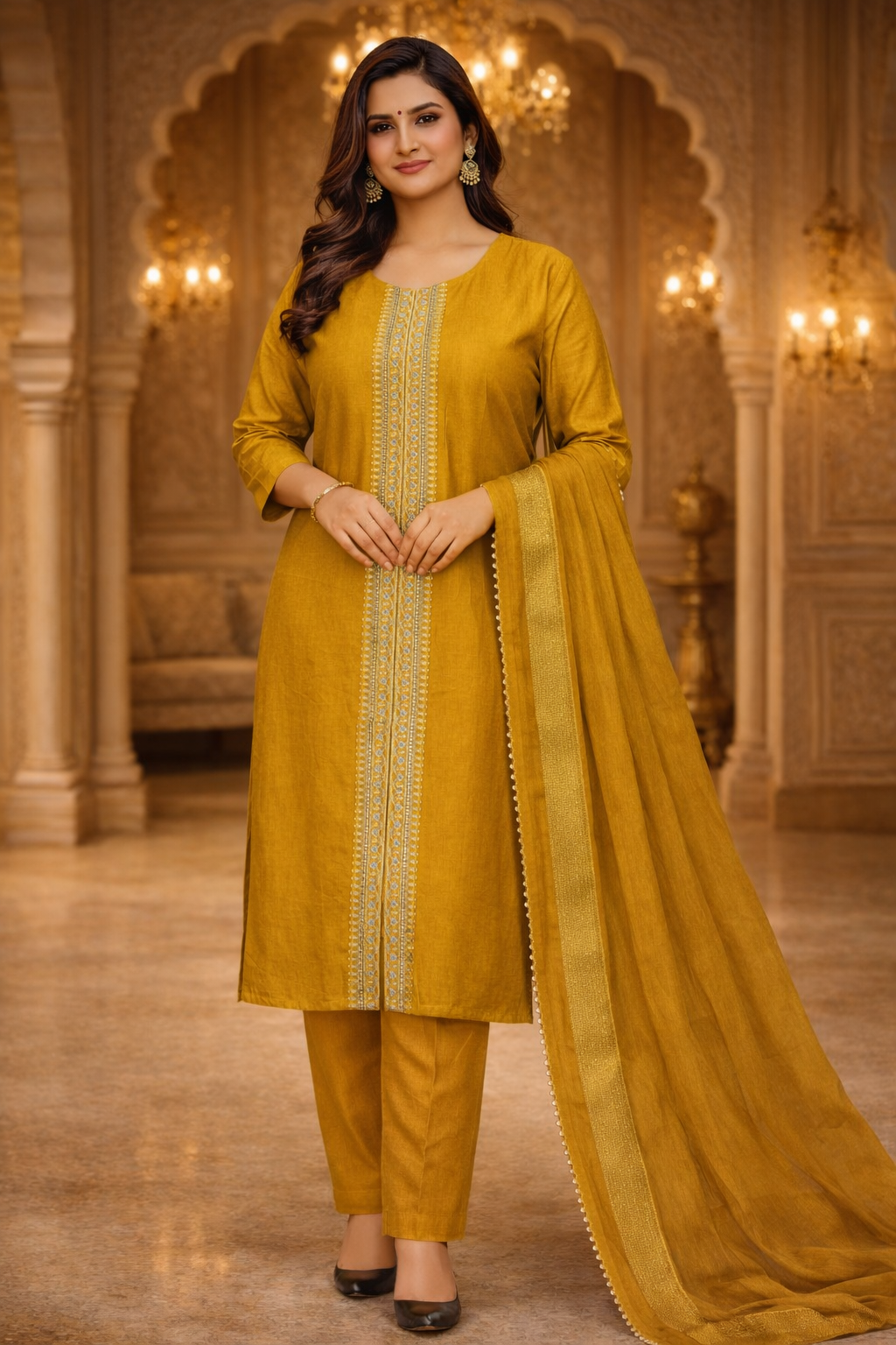 AL-Libas Women Mustard Yellow Kurta Pant Set with Dupatta | Ethnic Straight Fit Embroidered Suit