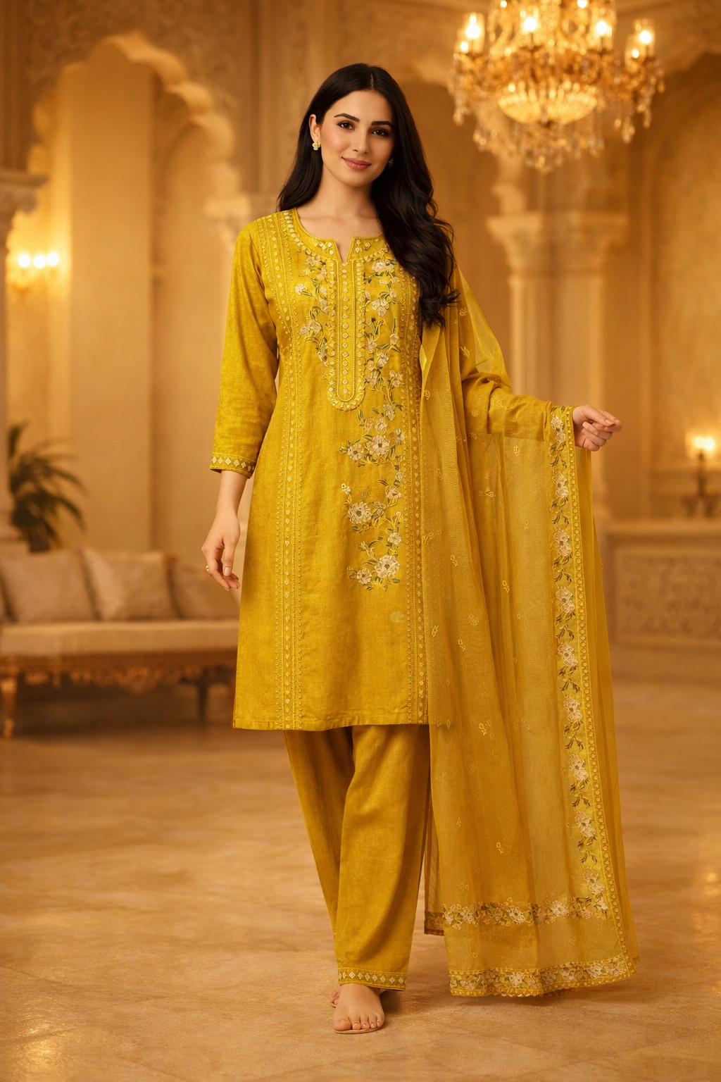 AL-Libas Mustard Yellow Embroidered Kurta Pant Set with Dupatta for Women | Floral Zari Work Ethnic Suit Set - 1