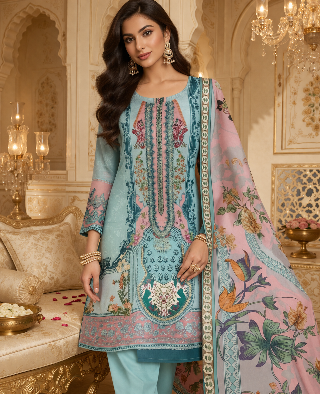 AL-Libas Women Pakistani Aqua Blue Floral Printed Lawn Suit Set with Dupatta | Straight Kurta Pant Set - 1