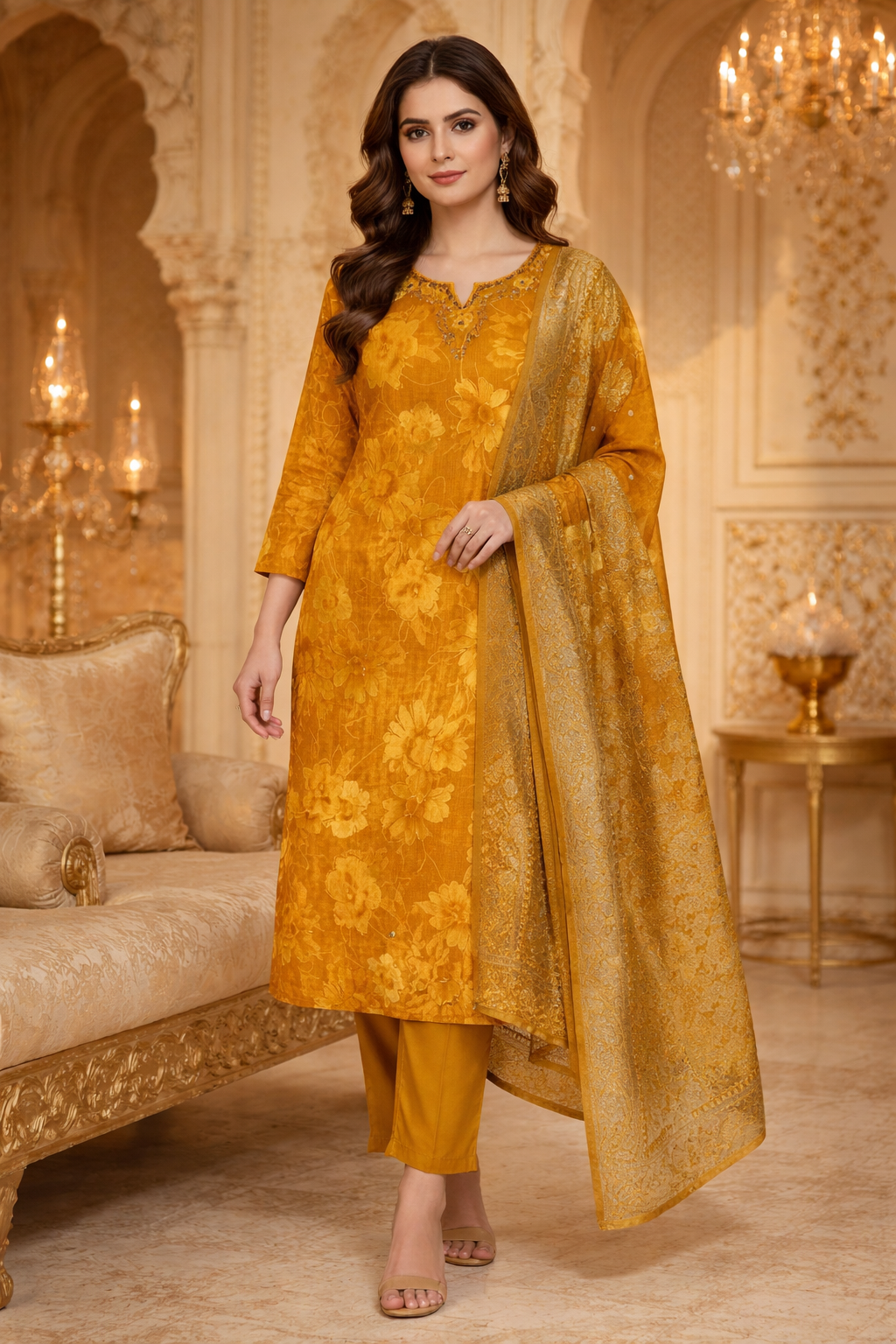 AL-Libas Women Mustard Yellow Floral Printed Kurta Pant Set with Dupatta | Straight Fit Ethnic Suit - 1