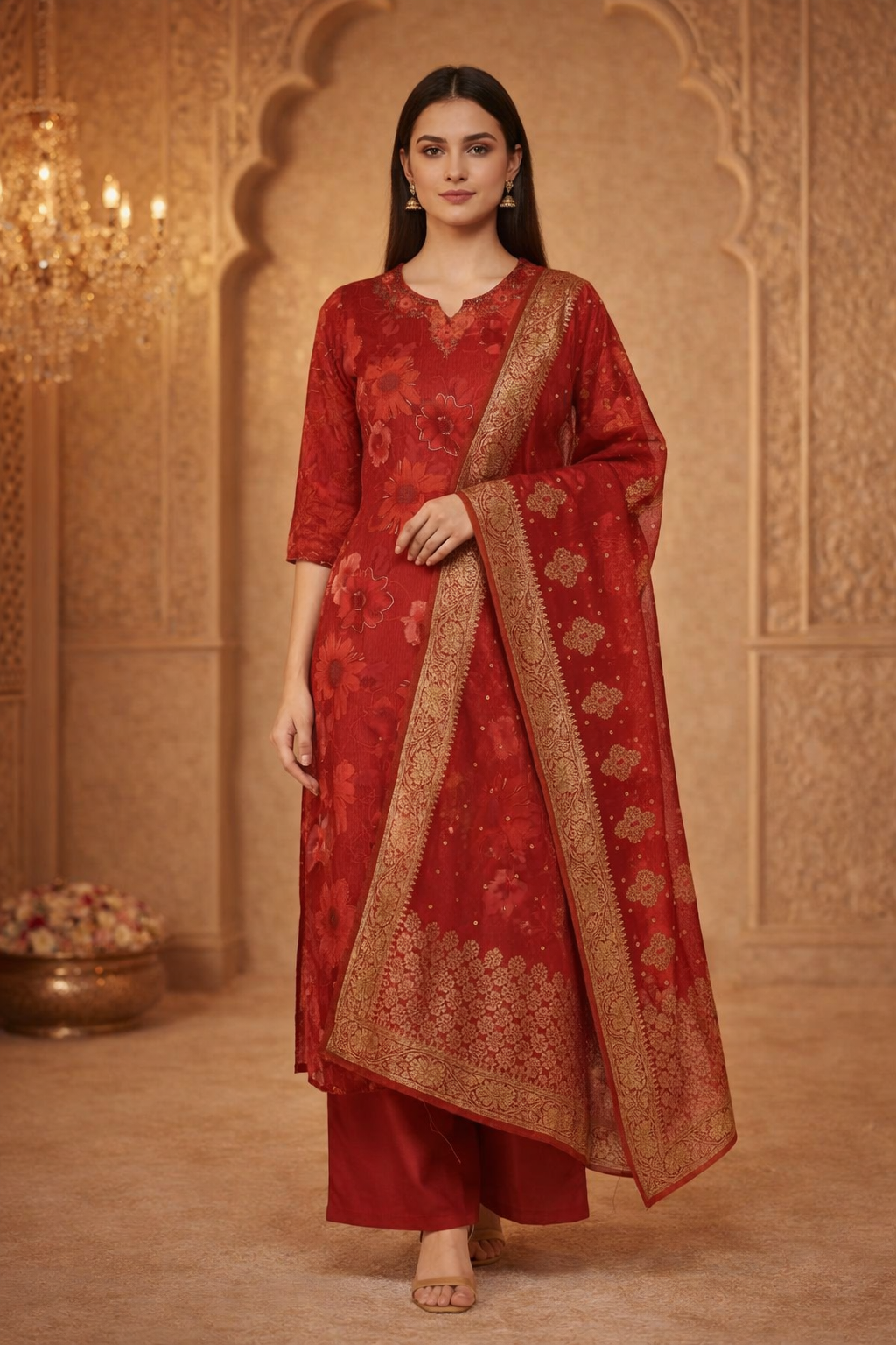 AL-Libas Women Red Floral Printed Kurta Pant Dupatta Set with Zari Border Ethnic Straight Fit Suit