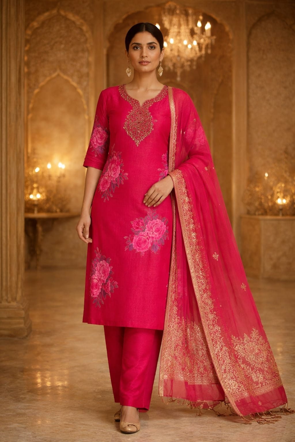 AL-Libas Rani Pink Floral Zari Kurta Set