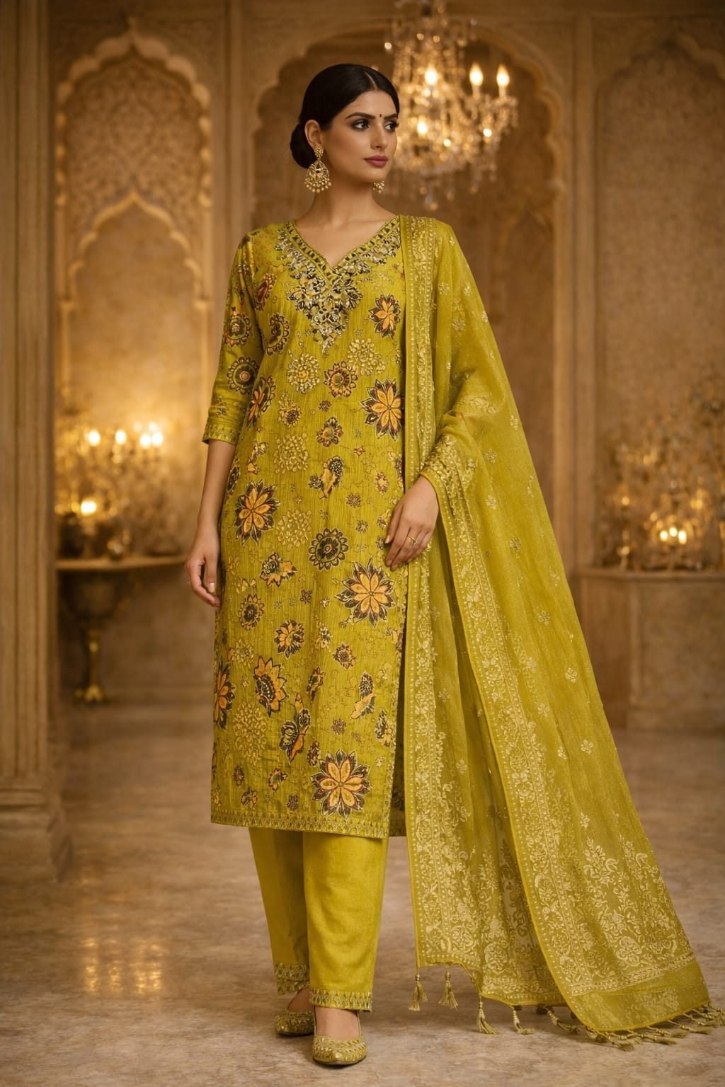 AL-Lbas Women Olive Green Floral Printed Kurta Pant Dupatta Set with Zari Work Ethnic Straight Suit