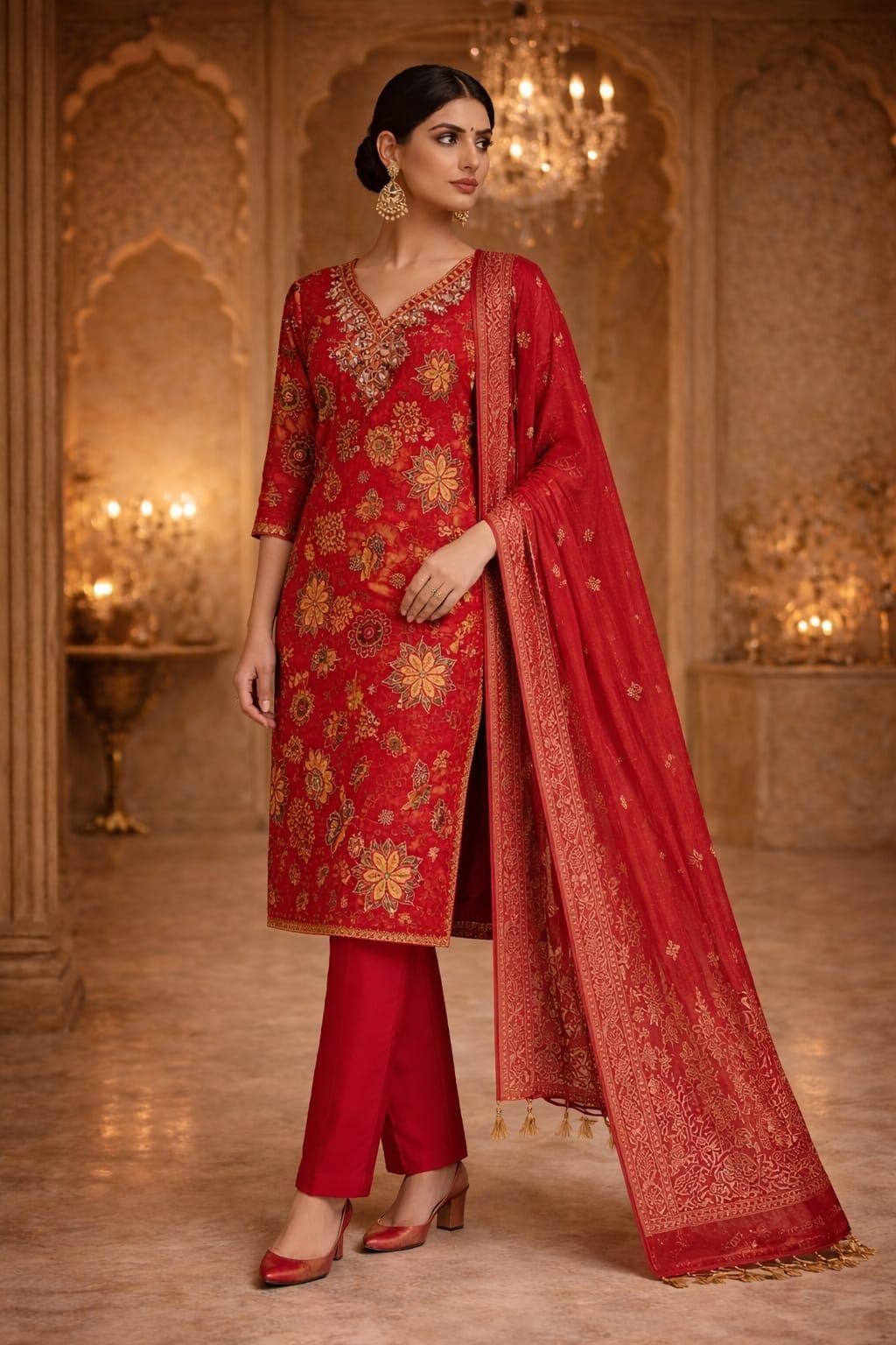 AL-Lbas Women Red Floral Printed Kurta Pant Dupatta Set with Zari Work Ethnic Straight Suit