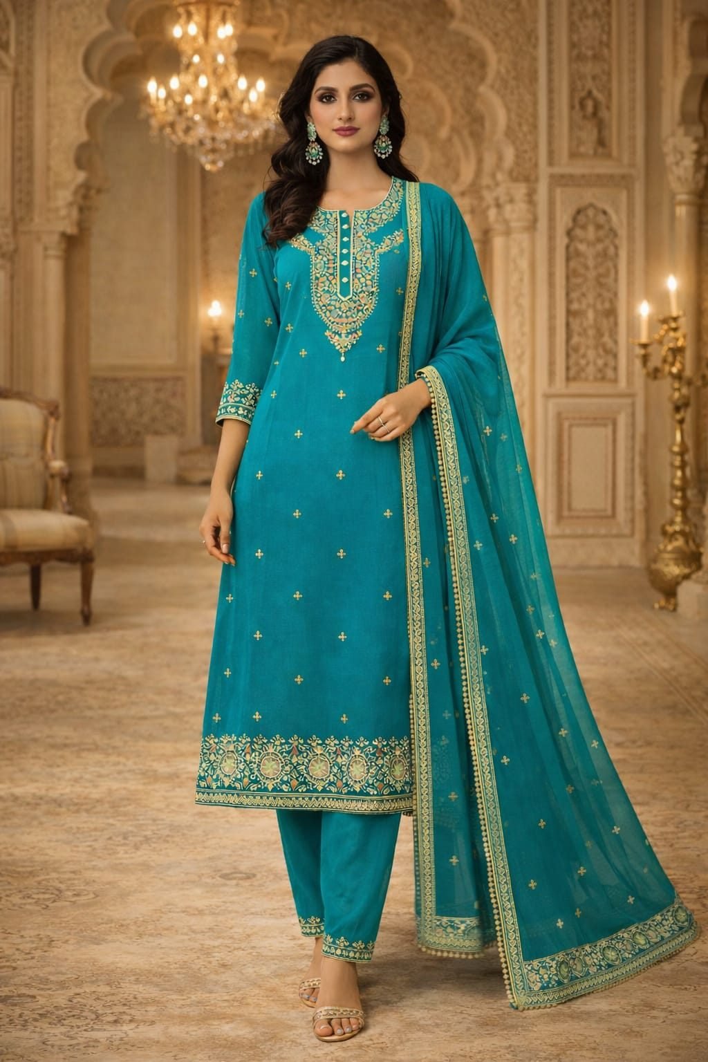 Women Sea Green Embroidered Kurta Pant Dupatta Set with Zari Work Ethnic Straight Suit