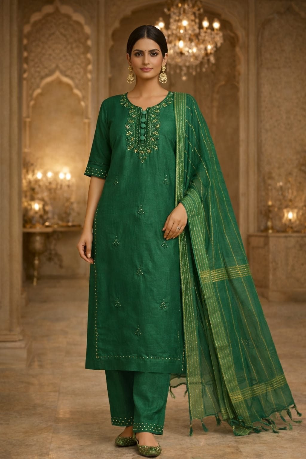 AL-Malabish Women Green Embroidered Kurta Pant Dupatta Set Ethnic Straight Fit Traditional Wear