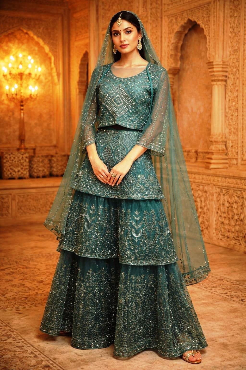 AL-Libas Women Emerald Green Net Lehenga Choli Set Heavy Sequin Zari Embroidered Bridal Wear with Dupatta - 1