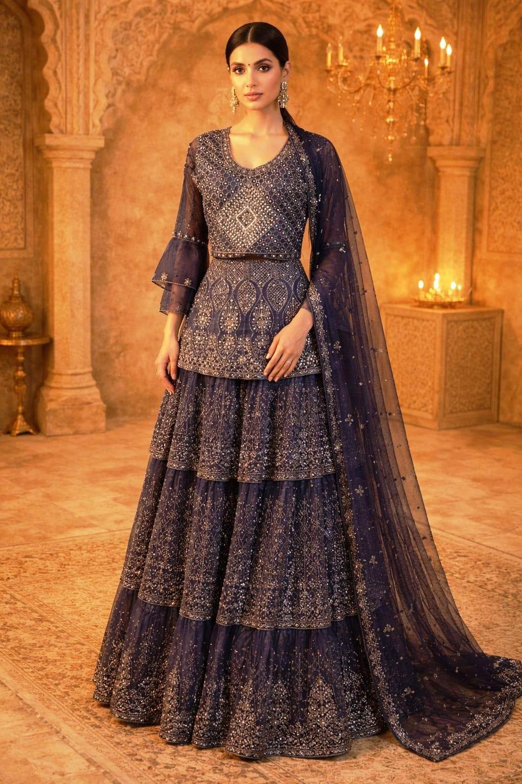AL-Libas Women Navy Blue Net Lehenga Choli Set Heavy Sequin Zari Embroidered Party Wear with Dupatta - 1