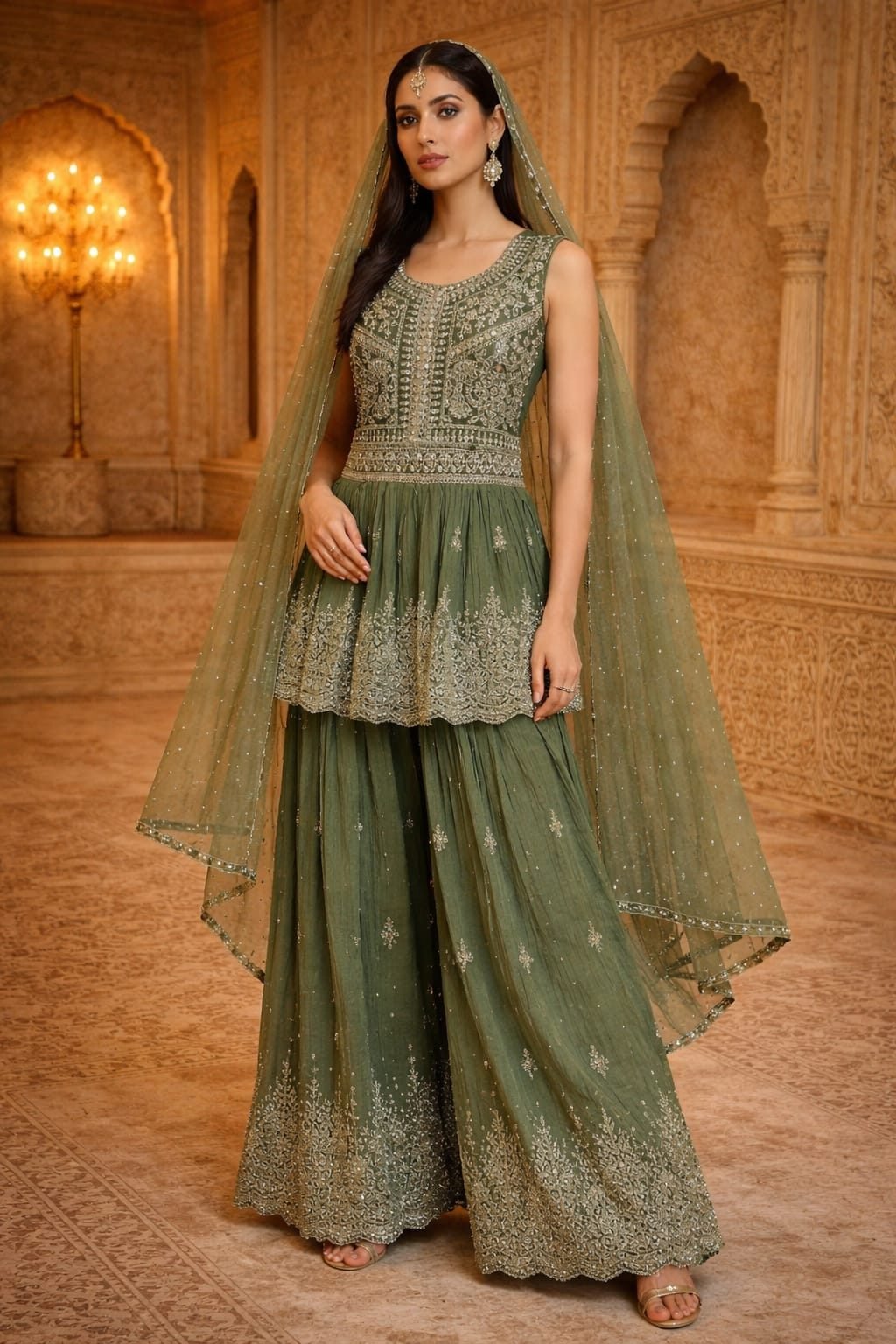 AL-Libas Women Olive Green Net Lehenga Choli Set Heavy Embroidered Party Wear with Dupatta