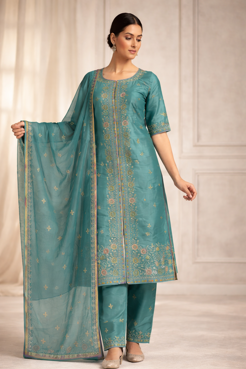AL-Libas Women Sea Green Embroidered Straight Kurta with Dupatta Set | Silk Blend Festive Ethnic Wear - 1