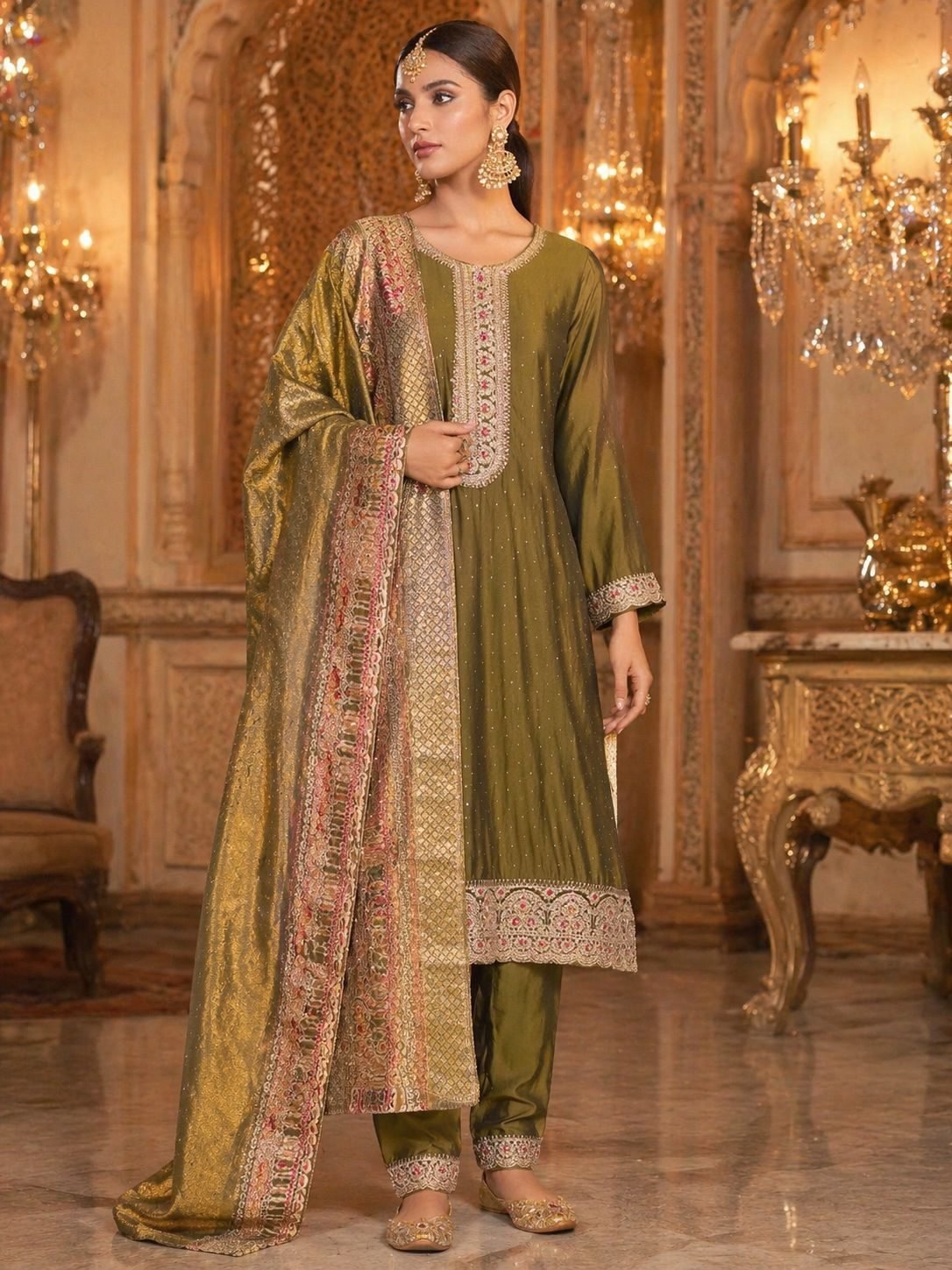 Women Olive Green Silk Blend Embroidered Kurta Pant Dupatta Set Ethnic Straight Fit - 1