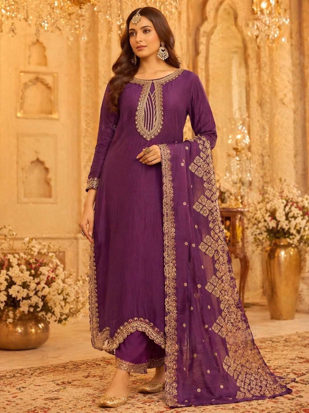 AL-Libas Women Purple Silk Blend Embroidered Kurta Pant Dupatta Set Ethnic Straight Fit
