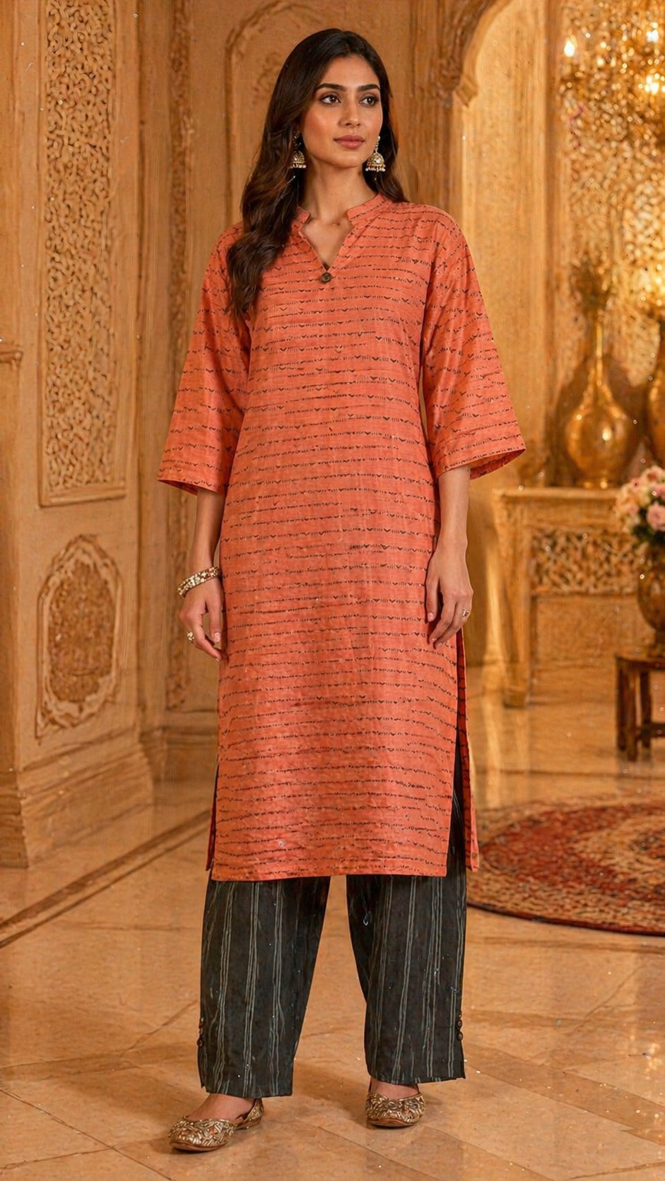 Women Peach Printed Straight Kurta with Black Striped Pants Set - 1