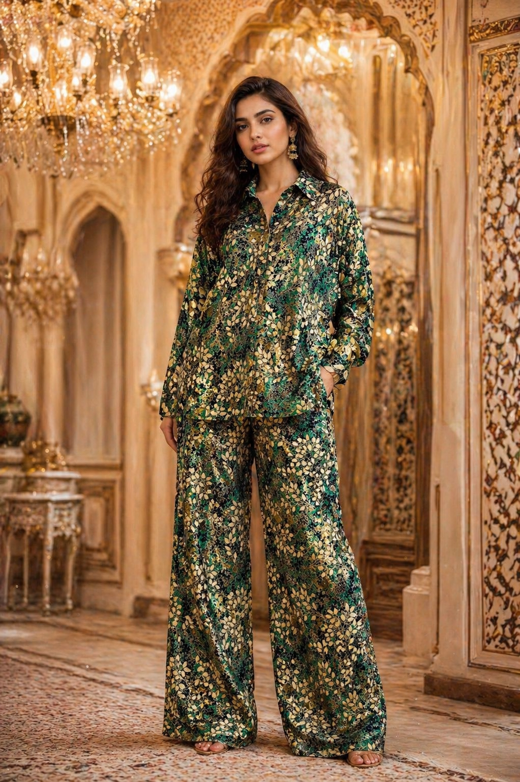 Women Printed Co-Ord Set Green Ethnic Kurti with Palazzo Pants Designer Festive Wear