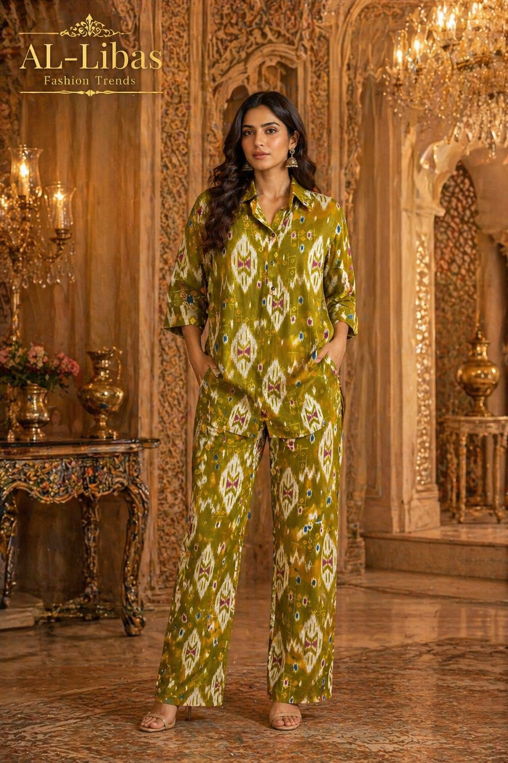 Women Printed Co-Ord Set Ment Green Ethnic Kurti with Pants Designer Festive Wear.
