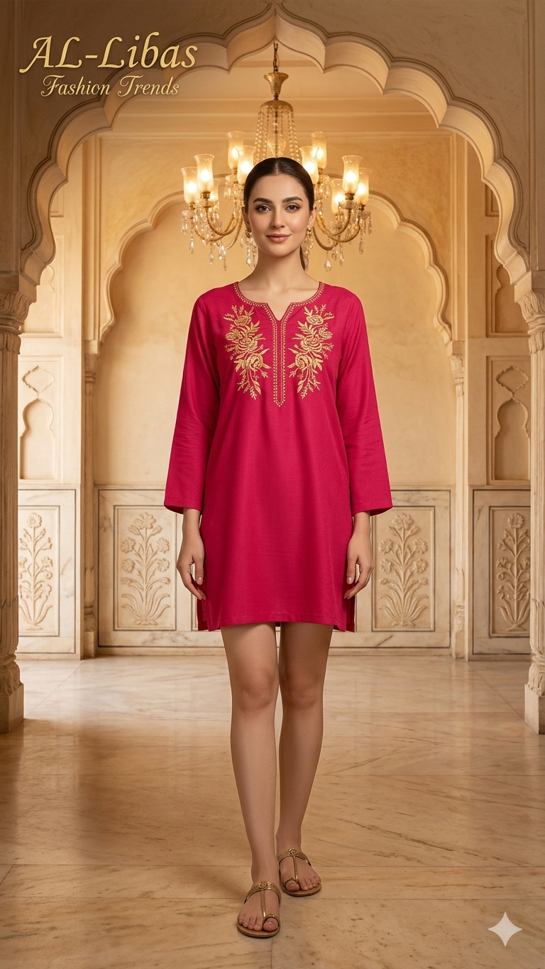 Women Pink Embroidered Short Kurti | Straight Fit Ethnic Top | 3/4 Sleeve Casual Wear