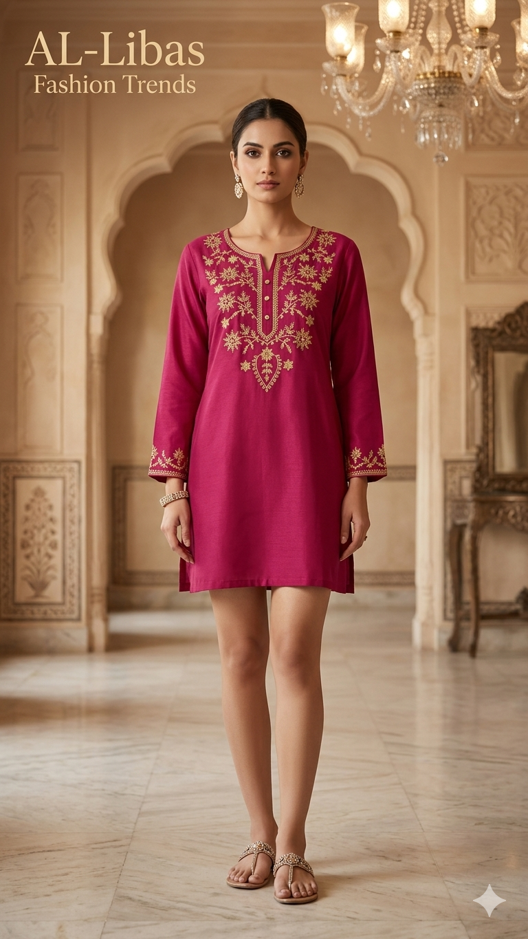 Women Hot Pink Embroidered Short Kurti | Straight Fit Ethnic Top | 3/4 Sleeve Casual Wear