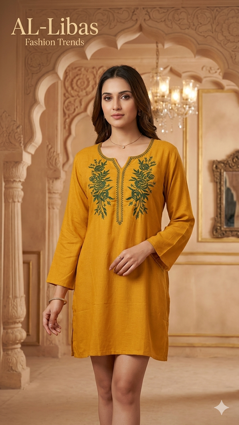 Women Mustard Embroidered Short Kurti | Straight Fit Ethnic Top | 3/4 Sleeve Casual Wear