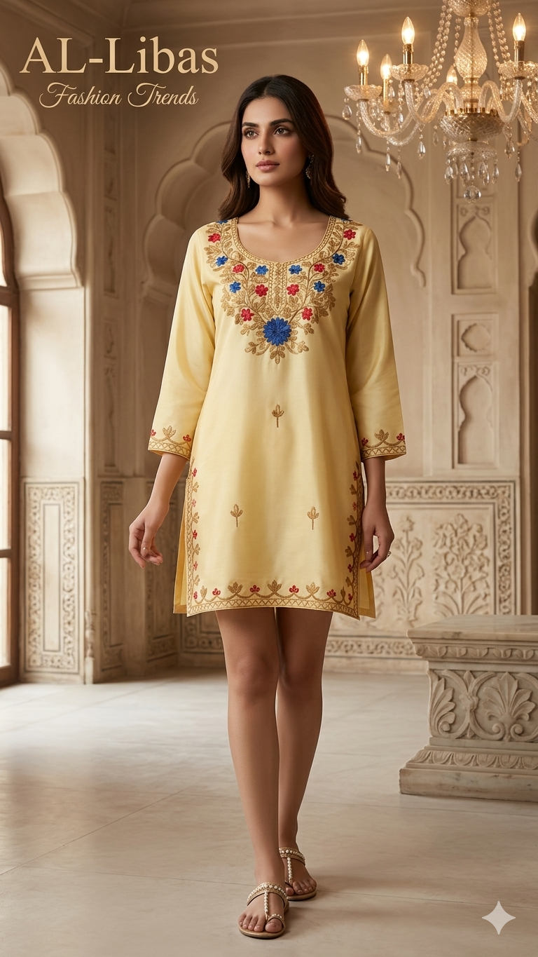 Women Embroidered Short Kurti | Straight Fit Ethnic Top | 3/4 Sleeve Casual Wear