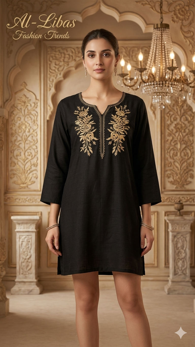 Women Golden Embroidered Short Kurti | Straight Fit Ethnic Top | 3/4 Sleeve Casual Wear