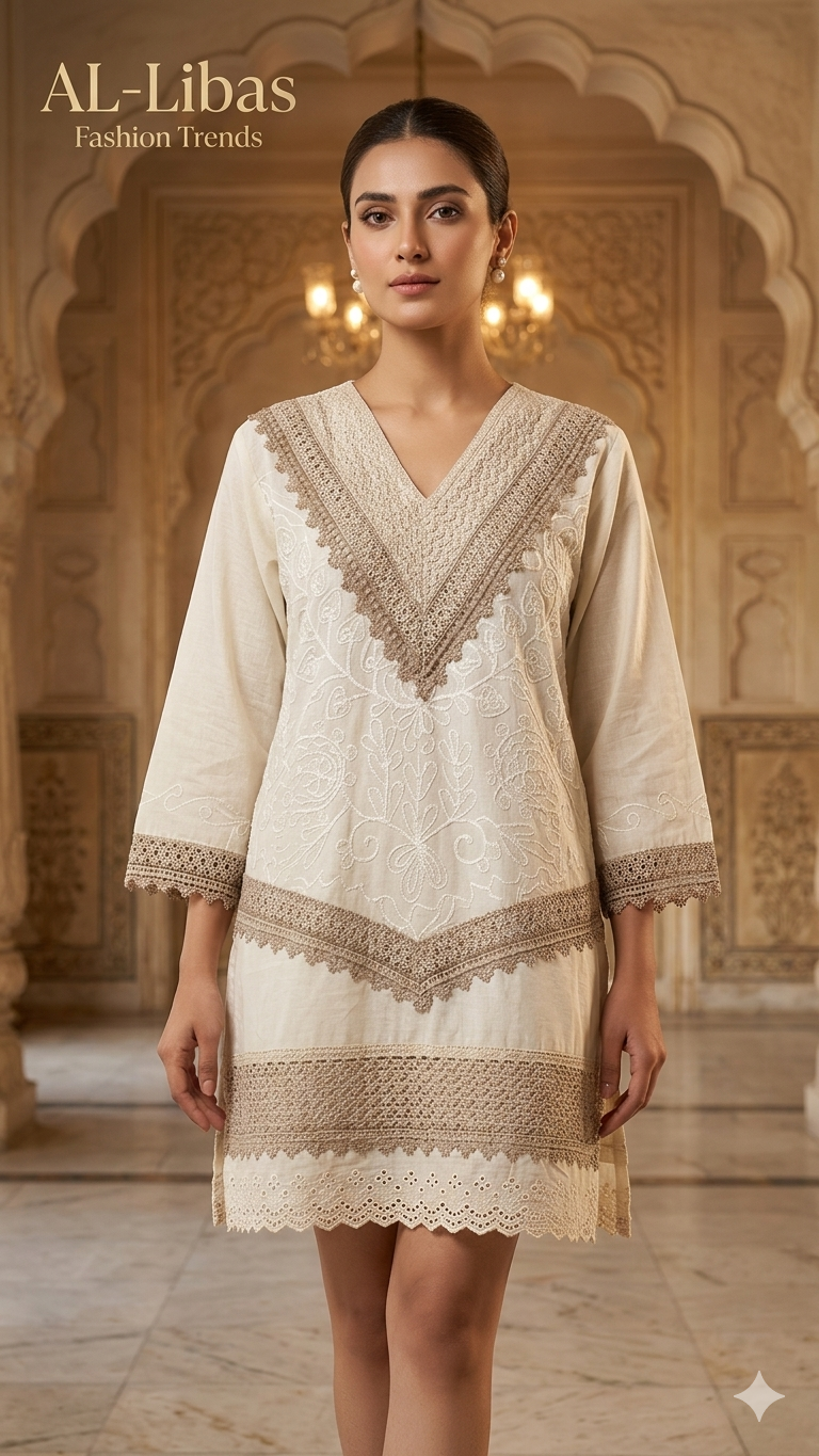 Women Off White Embroidered Short Kurti | V-Neck Lace Detail Ethnic Top | 3/4 Sleeve Casual Wear - 1