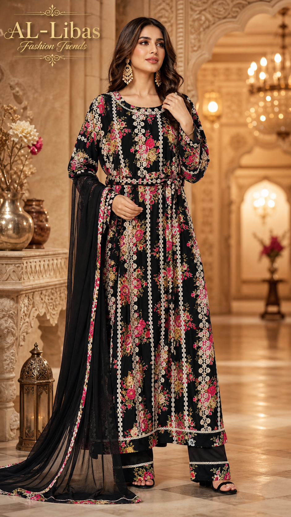 Black Floral Printed Anarkali Kurta Set with Dupatta & Pants for Women Ethnic Wear