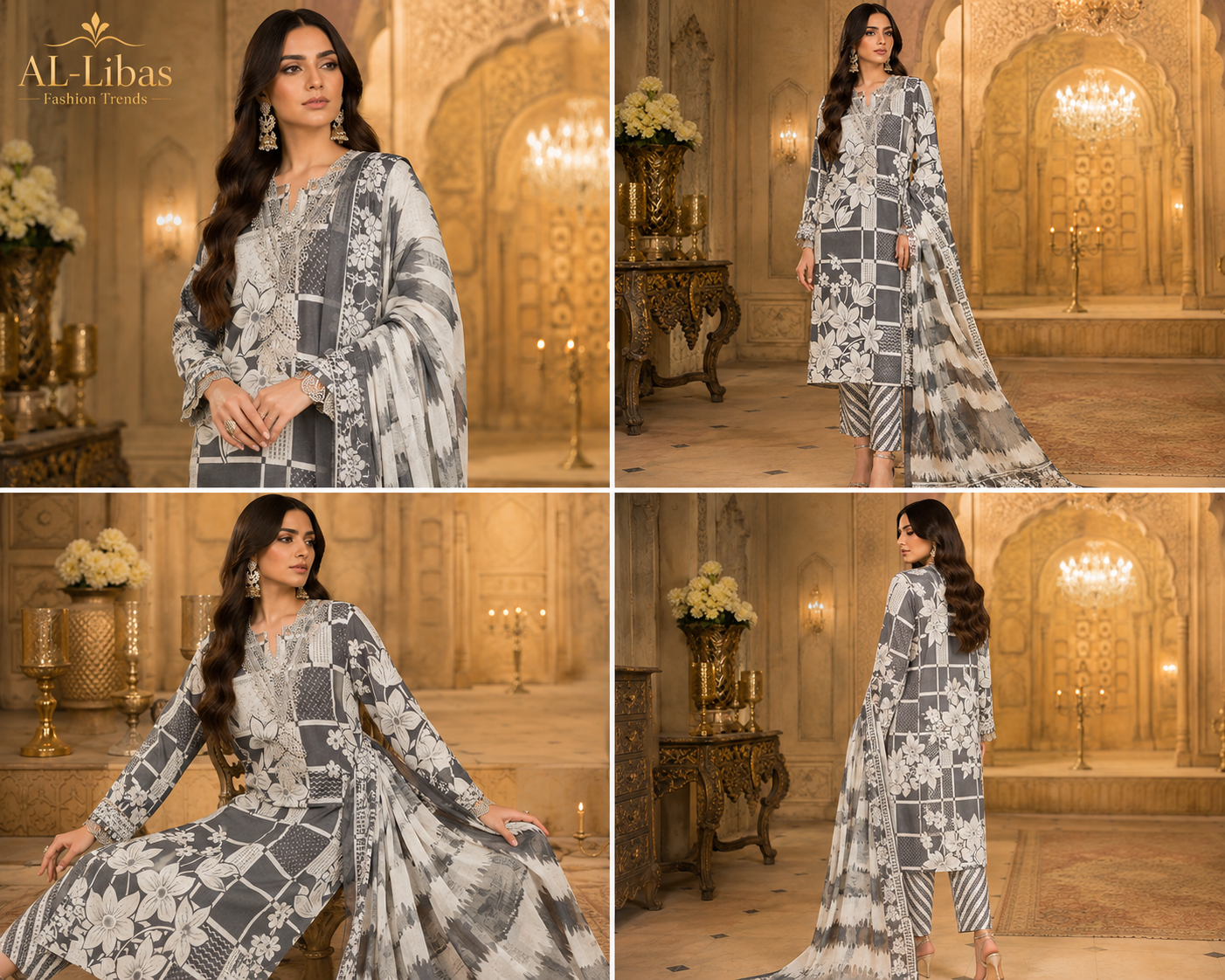 Women's Grey & White Floral Printed Kurta Pant Dupatta Set with Embroidered Neckline - 1