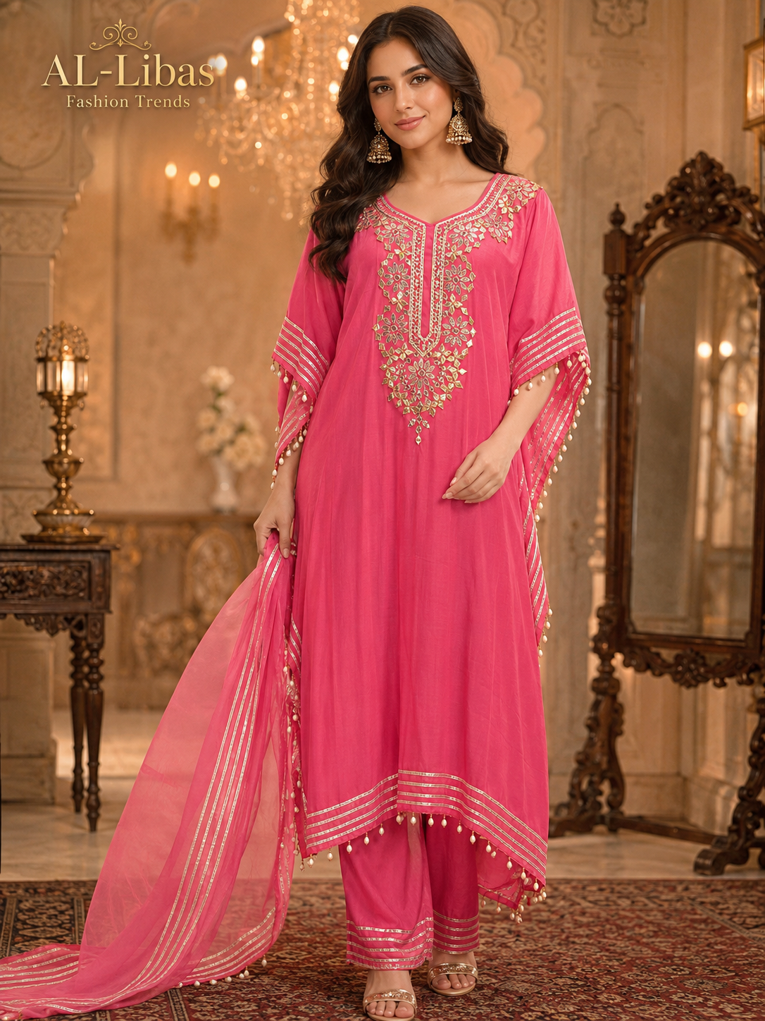 Women's Pink Mirror Work Kaftan Kurta with Dupatta | V-Neck Ethnic Party Wear Kaftan Set