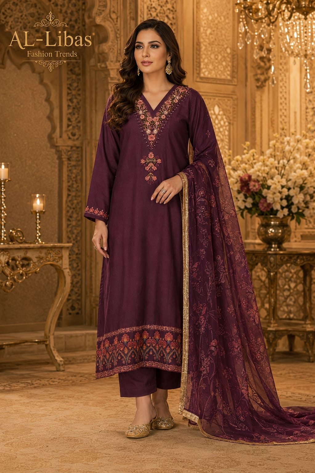 Women's Wine Embroidered Kurta Pant with Printed Dupatta Set | Straight Fit Ethnic Wear