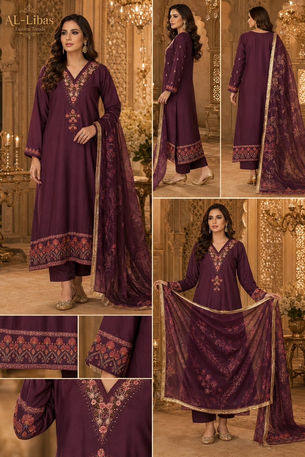Women's Wine Embroidered Kurta Pant with Printed Dupatta Set | Straight Fit Ethnic Wear - 2