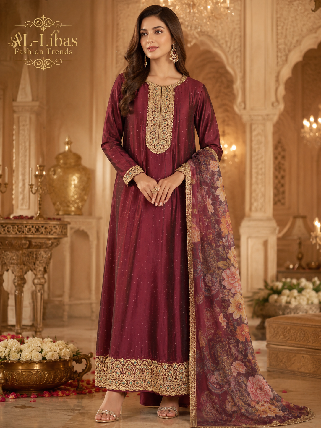 Women's Maroon Embroidered Kurta Pant with Floral Printed Dupatta Set | Straight Fit Ethnic Wear - 1