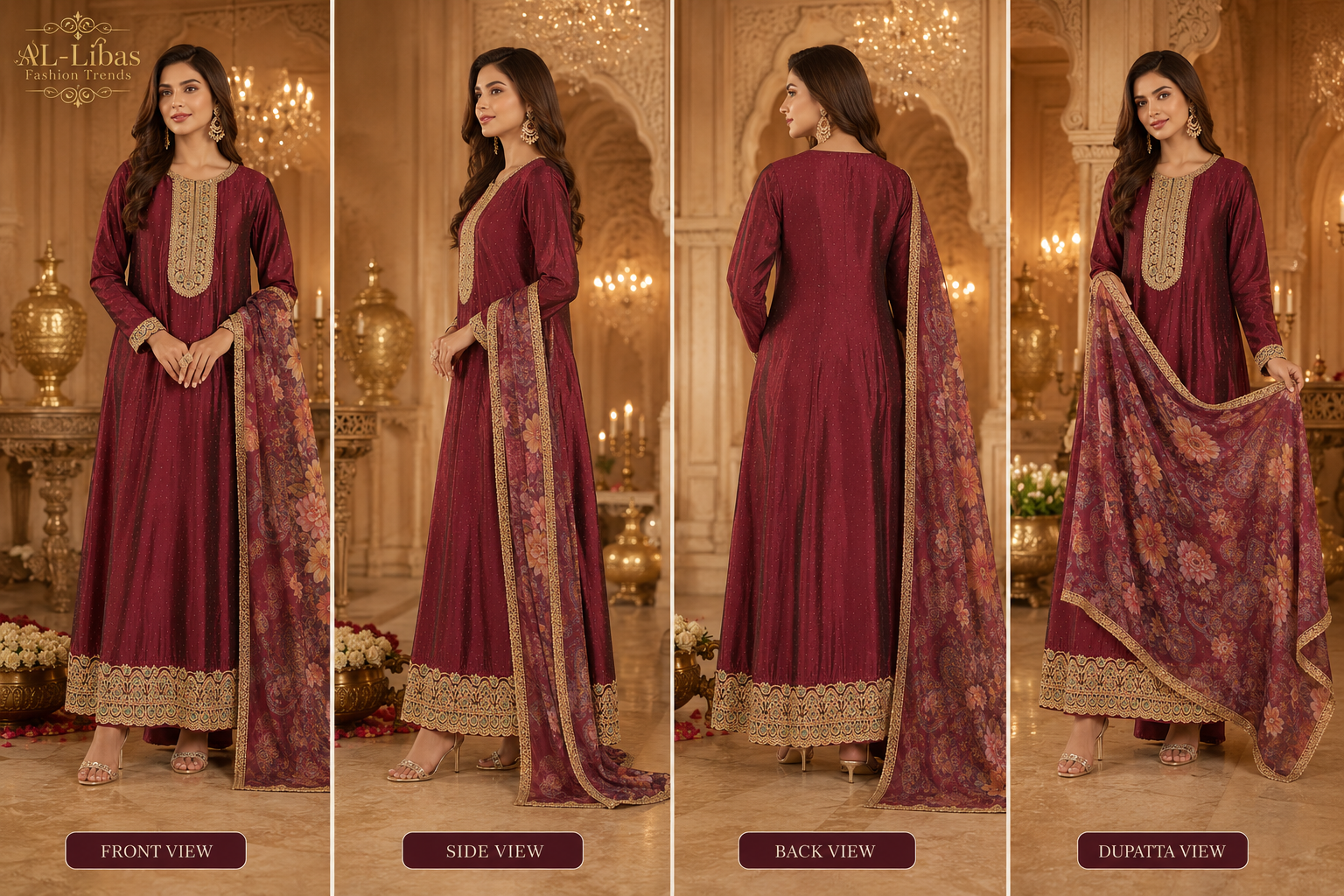 Women's Maroon Embroidered Kurta Pant with Floral Printed Dupatta Set | Straight Fit Ethnic Wear - 2